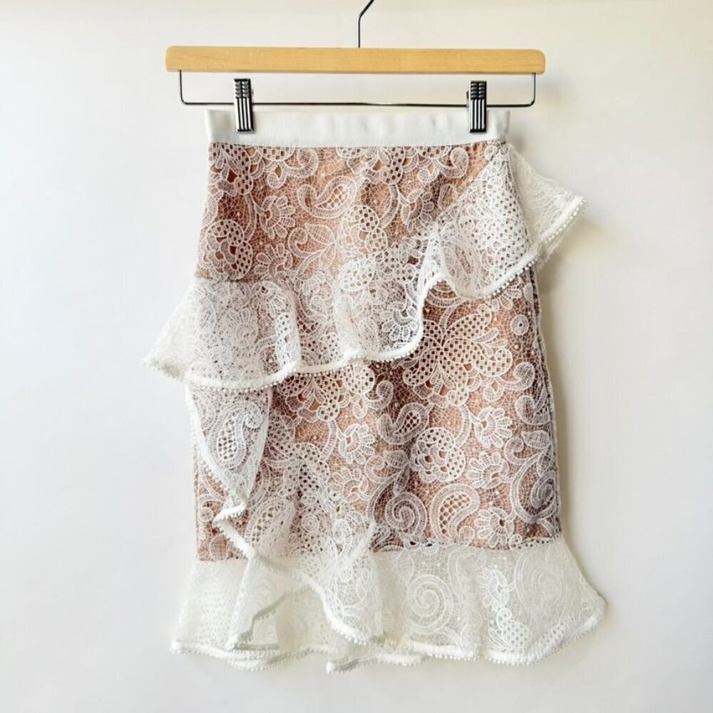 Self-Portrait Floral Lace Ruffled Skirt – White/Beige Size 0